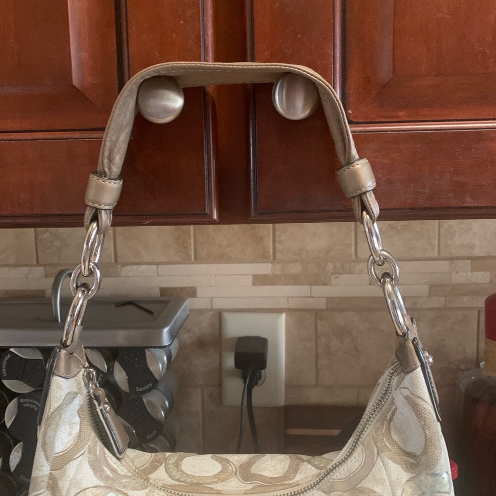 Coach Beige and Cream Double C Patterned Shoulder Bag - Picture 12 of 13